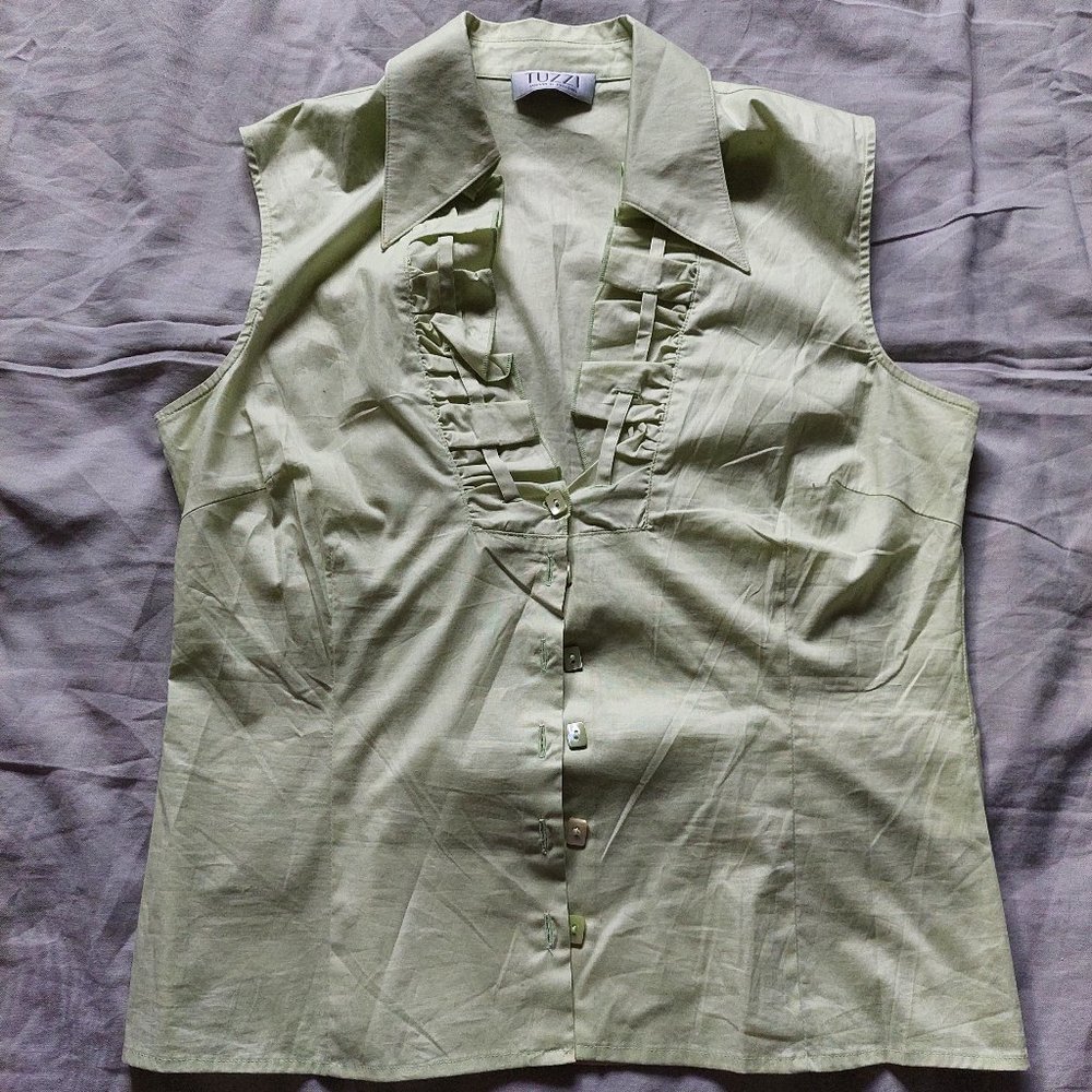 TUZZI Germany Light Olive Button Down Short Sleeve Shirt Blouse Size S/M